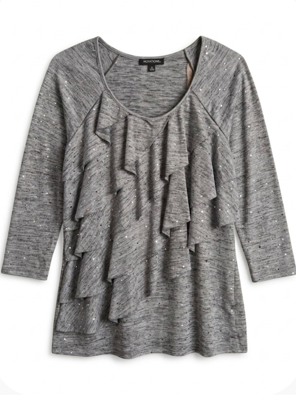 NOTATIONS Layered diagonal ruffles Top, Women’s M, Heathered Gray